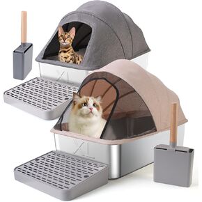2 Pack Large(24 * 16 * 17" H) Stainless Steel Cat Litter Box with Lid, Extra Large Metal Litter Box for Big Cats, Litter Box Includes Litter Scoop Scoop Holder Footpad Easy Cleaning Non-Sticky