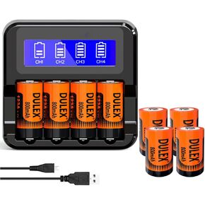DULEX 4-Pack 800mAh ICR17335 123A Arlo Bateries Rechargeable [Replace 3V CR123A Lithium Batteries] and Charger for Arlo VMS3130 VMC3030 3200 3330 3430 3530 Security Cameras, Alarm System, Flashlight