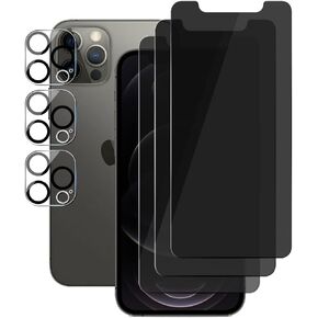 (3+3) لهاتف iPhone 12 Pro Max (6.7 بوصات) (3 عبوات) واقي شاشة للخصوصية من الزجاج المقوى الخاص المضاد للتجسس و(3 عبوات) واقي عدسة الكاميرا [لا يؤثر على الفلاش]، صلابة 9H، مضاد للخدش