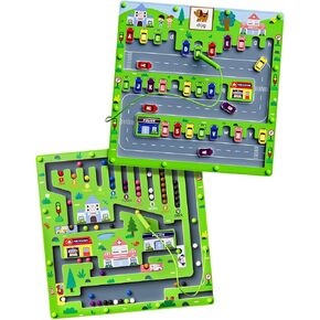 2 in 1 Magnetic Color and Number Maze Magnet Alphabet Counting Car Puzzle Double Sided Board Fine Motor Skills Montessori Educational Preschool Toys for Boys and Girls 3-5 Age (Wood, One Size)