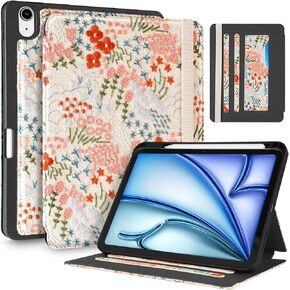 for iPad Air 11 inch Case M2 2024 - Air 5th/4th Generation Case 10.9'' Women Girls Cute Embroidered Folio Stand Cover with Pencil Holder & Card Slot Girly Floral Flowers Design Aesthetic Cases