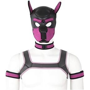 Adults Neoprene Puppy Hood Custom Animal Head Mask Novelty Costume Dog Hood Mask,Collar,Armband and Harness Set (Pink)