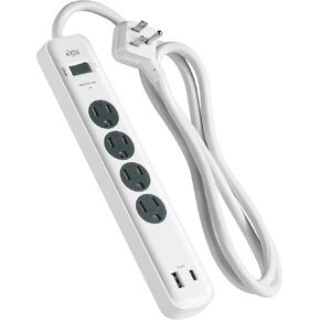 KMC 4-Outlet Surge Protector Power Strip, 1 USB-A & 1 USB-C Port, Power Strip Surge Protector, 840J Surge Protection, 5ft Extension Cord, 3-Prong Low-Profile Flat Plug, UL/ETL Certified, White