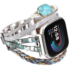 Bracelet Bands Compatible with Fitbit Versa 4/3/Sense 2/Sense Band for Women, Leather Beaded Watch Strap Natural Stone Wrap Boho Watch Band for Fitbit Versa 4 Band Replacement