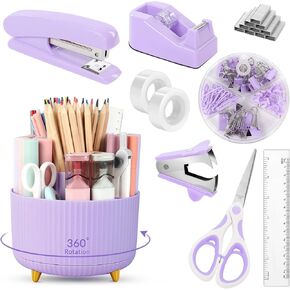 SKYDUE Blue Office Supplies Set,Desk Organizer, Pencil Holder for Desk, Stapler, Tape Dispenser, Scissors, Ruler, Clips and 1000pcs Staples, Office Decor for Women, Blue Desk Accessories