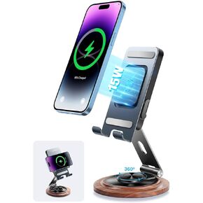 حامل شاحن الهاتف مع ارتفاع قابل للتعديل وزاوية ودوران 360 درجة، حامل هاتف خلوي معدني قابل للطي للمكتب والشحن والتشغيل، متوافق مع Samsung Galaxy S24/S23/S22، iPhone 15/14/13 Pro Max إلخ in Kuwait