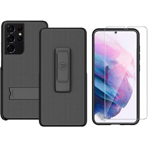 Case Compatible with Samsung Galaxy S21 Ultra 5G (Screen Size 6.8 inch only). Dual Layer Hybrid Case and Belt Clip Holster Combo Includes Screen Protector
