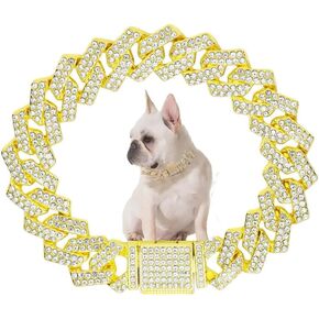 Chain Collar for Small Dogs, Cuban Link Chain for Dogs Jewelry Diamond Glitter Rhinestone Necklace Bling Metal Choke 14mm Wide Pet for Puppy Small Medium Large Dogs Cats Silver (10inch)