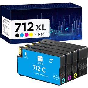 712 712XL Ink Cartridges Remanufactured High Yield Replacement for HP 712 712XL 712 XL for DesignJet T650 T630 T230 T210 Studio Plotter Printer (4 Pack, Black, Cyan, Yellow, Magenta)