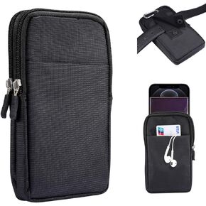Zipper Oxford Dual Cell Phone Pouch Belt Holster Case with Clip/Loop Waist Wallet Bag for Motorola G Stylus 5G Moto G Power Samsung Galaxy S23 Ultra S23 FE S22 Ultra A54 A14 A13 A04 A34 A33 (Black)