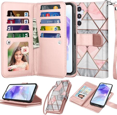 حافظة Njjex Galaxy A35 5G، حافظة محفظة Samsung Galaxy A35 5G، [9 فتحات للبطاقات] حامل بطاقة هوية من جلد البولي يوريثان قابل للفصل [قابل للفصل] غطاء هاتف مغناطيسي وحبل لهاتف Samsung A35 [رخام] in Kuwait