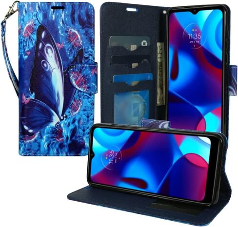 Zase Motorola Moto G Play (2023)/Moto G Pure/Moto G Power (2022) حافظة هاتف محفظة من جلد البولي يوريثان غطاء لطيف مع مسند وفتحة لبطاقة الهوية وحزام معصم وقفل مغناطيسي (زهر الكرز الوردي) in Kuwait