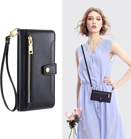 Crossbody Wallet Case for Samsung Galaxy A03S US Leather Phone Case with Card Holder Kickstand&Wrist Strap&Zipper Purse Cover Magnetic Closure Flip Handbag Shell(Black) in Kuwait