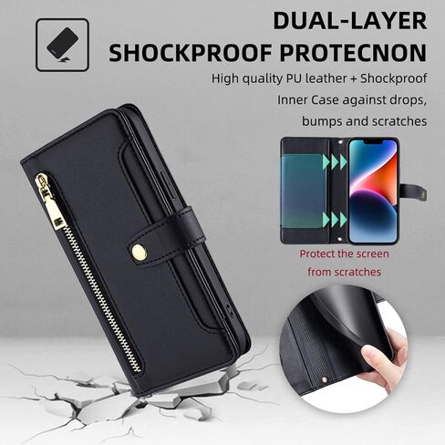 Crossbody Wallet Case for Samsung Galaxy A03S US Leather Phone Case with Card Holder Kickstand&Wrist Strap&Zipper Purse Cover Magnetic Closure Flip Handbag Shell(Black) in Kuwait