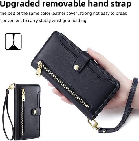 Crossbody Wallet Case for Samsung Galaxy A03S US Leather Phone Case with Card Holder Kickstand&Wrist Strap&Zipper Purse Cover Magnetic Closure Flip Handbag Shell(Black) in Kuwait