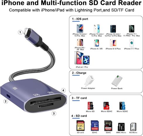 Lightning to SD Card Reader for iPhone,[Apple MFi Certified] 3 in 1 High-Speed Micro Memory Card Charging Adapter Trail Game Camera sd Card Viewer Adapter for iPhone iPad Air Pro Supports SD/TF Card in Kuwait
