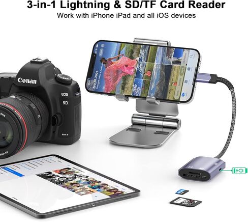 Lightning to SD Card Reader for iPhone,[Apple MFi Certified] 3 in 1 High-Speed Micro Memory Card Charging Adapter Trail Game Camera sd Card Viewer Adapter for iPhone iPad Air Pro Supports SD/TF Card in Kuwait