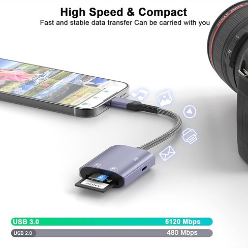 Lightning to SD Card Reader for iPhone,[Apple MFi Certified] 3 in 1 High-Speed Micro Memory Card Charging Adapter Trail Game Camera sd Card Viewer Adapter for iPhone iPad Air Pro Supports SD/TF Card in Kuwait