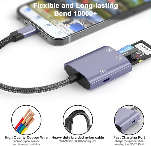 Lightning to SD Card Reader for iPhone,[Apple MFi Certified] 3 in 1 High-Speed Micro Memory Card Charging Adapter Trail Game Camera sd Card Viewer Adapter for iPhone iPad Air Pro Supports SD/TF Card in Kuwait