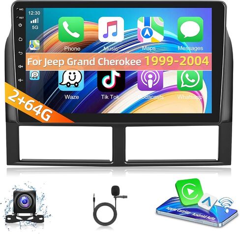 Podofo [2+64G] راديو ستيريو للسيارة لسيارة Jeep Grand Cherokee 1999-2004 مع CarPlay اللاسلكي وAndroid Auto شاشة لمس 9 بوصة صوت بلوتوث مع نظام تحديد المواقع العالمي (GPS) ومرآة وصلة WiFi RDS Hi-Fi كاميرا احتياطية in Saudi Arabia