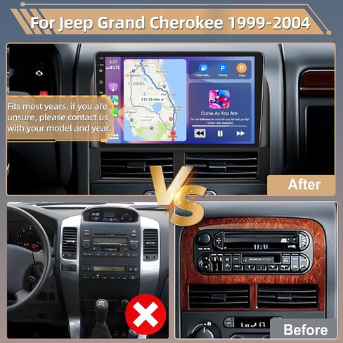 Podofo [2+64G] راديو ستيريو للسيارة لسيارة Jeep Grand Cherokee 1999-2004 مع CarPlay اللاسلكي وAndroid Auto شاشة لمس 9 بوصة صوت بلوتوث مع نظام تحديد المواقع العالمي (GPS) ومرآة وصلة WiFi RDS Hi-Fi كاميرا احتياطية in Saudi Arabia