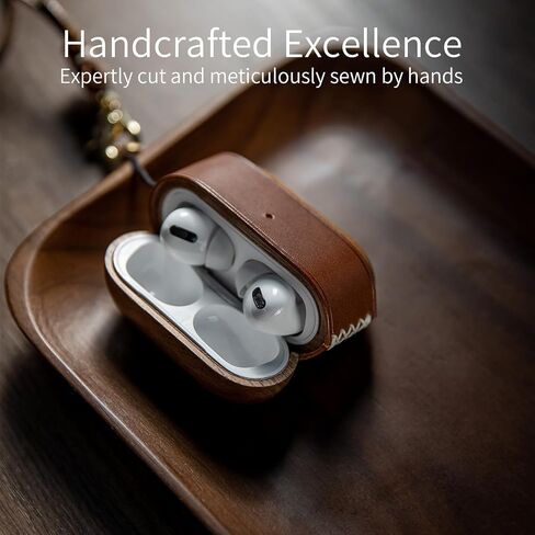 غطاء حافظة جلدي خشبي لجهاز Airpods Pro الجيل الثاني مصنوع يدويًا من الجلد 2022 مصمم يدويًا باللون البني من الجلد الإيطالي الأصلي متوافق مع حافظة iPod Pro ذات الطراز القديم للنساء والرجال (بني) in Saudi Arabia