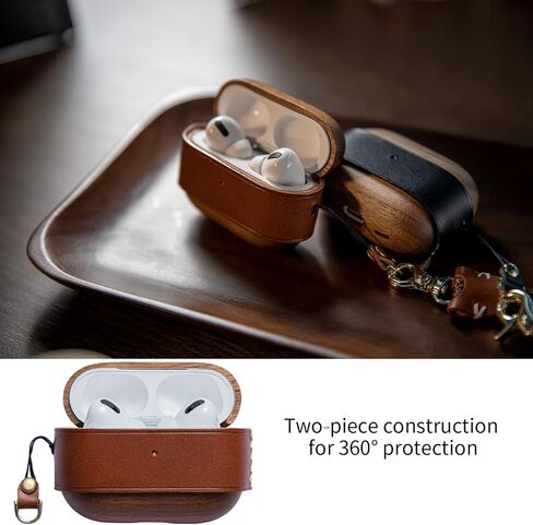 غطاء حافظة جلدي خشبي لجهاز Airpods Pro الجيل الثاني مصنوع يدويًا من الجلد 2022 مصمم يدويًا باللون البني من الجلد الإيطالي الأصلي متوافق مع حافظة iPod Pro ذات الطراز القديم للنساء والرجال (بني) in Saudi Arabia