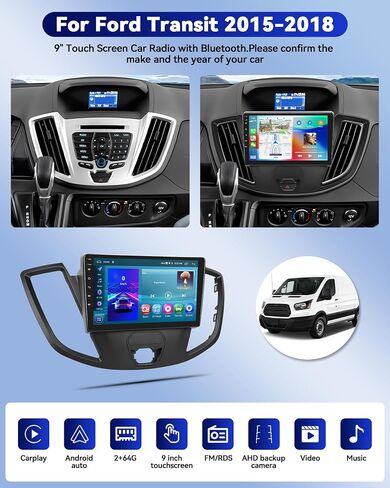 ستيريو سيارة CAMECHO 2+64G Android 13 لسيارة Ford Transit 2015-2018، راديو CarPlay اللاسلكي وراديو السيارة التلقائي Android، شاشة لمس 9 بوصة داخل لوحة القيادة GPS مع بلوتوث WiFi RDS SWC Mirror Link in Saudi Arabia