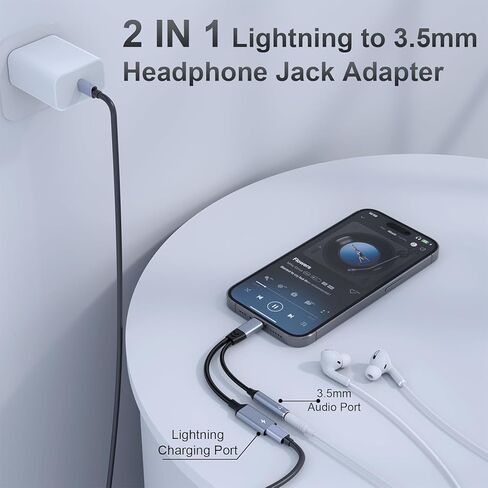 محول Lightning إلى 3.5 ملم لسماعات الرأس - معتمد من Apple MFi - محول صوت وشحن 2 في 1 iPhone Aux، محول سماعة رأس iPhone يدعم الموسيقى + الشحن + الميكروفون + التحكم المتوافق مع iPhone 14 13 12 11 in Kuwait