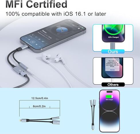 محول Lightning إلى 3.5 ملم لسماعات الرأس - معتمد من Apple MFi - محول صوت وشحن 2 في 1 iPhone Aux، محول سماعة رأس iPhone يدعم الموسيقى + الشحن + الميكروفون + التحكم المتوافق مع iPhone 14 13 12 11 in Kuwait