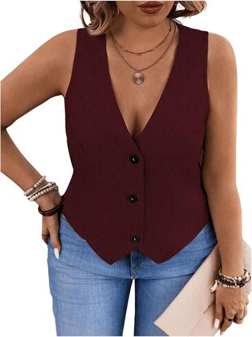 SOLY HUX Women's Plus Size Button Up Suit Vest Blazer V Neck Sleeveless Waistcoat in Kuwait