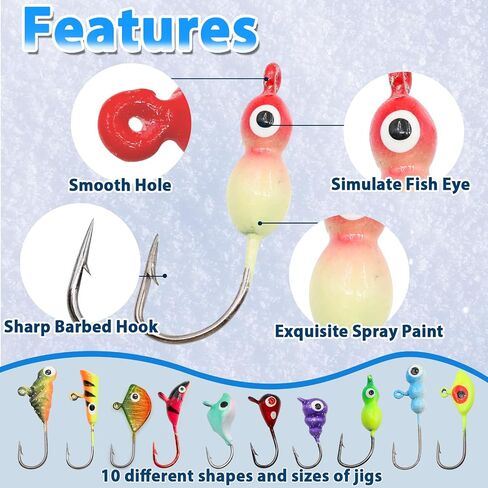 Ice Fishing Jigs Kit, 30/60Pcs Glow Ice Fishing Lure Set for Winter Ice Jigging Crappie Sunfish Perch Panfish Walleye Pike Jigs, Ice Fishing Gear with Storage Box in Kuwait