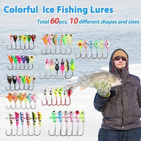 Ice Fishing Jigs Kit, 30/60Pcs Glow Ice Fishing Lure Set for Winter Ice Jigging Crappie Sunfish Perch Panfish Walleye Pike Jigs, Ice Fishing Gear with Storage Box in Kuwait