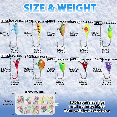 Ice Fishing Jigs Kit, 30/60Pcs Glow Ice Fishing Lure Set for Winter Ice Jigging Crappie Sunfish Perch Panfish Walleye Pike Jigs, Ice Fishing Gear with Storage Box in Kuwait