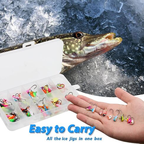 Ice Fishing Jigs Kit, 30/60Pcs Glow Ice Fishing Lure Set for Winter Ice Jigging Crappie Sunfish Perch Panfish Walleye Pike Jigs, Ice Fishing Gear with Storage Box in Kuwait