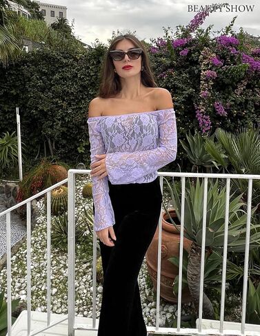 Avidlove Lace Mesh Crop Tops for Women Y2k Off Shoulder Tops Sexy Sheer Bell Long Sleeve Going Out Tops in Saudi Arabia