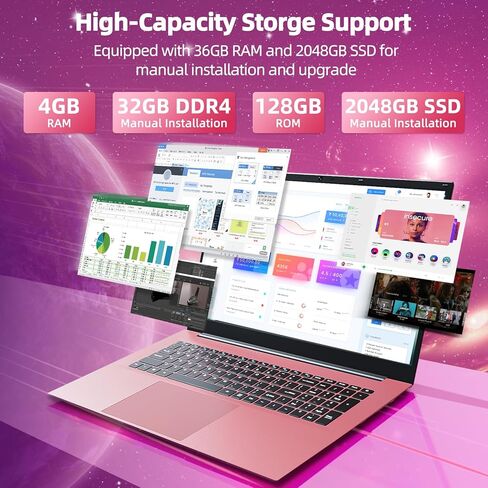 كمبيوتر محمول 18 بوصة، كمبيوتر محمول مع ذاكرة وصول عشوائي 36 جيجابايت و128 جيجابايت EMMC+2048 جيجابايت SSD، سيليرون N5095 رباعي النواة (حتى 2.9 جيجاهرتز)، فتحة 180 زاوية، بطارية 8000 مللي أمبير في الساعة، WiFi6، USB 3.2 * 3، HDMI، كاميرا ويب، نوع C (وردي) in Kuwait