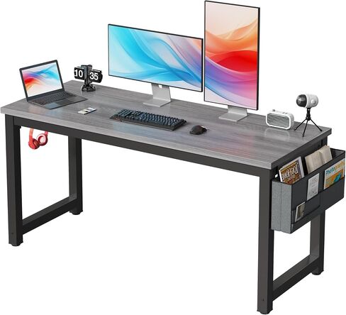 Large Computer Desk - 63 Inch Home Office Desk Study Student Writing Table Gaming Desk Wood Modern Simple Table with Storage Bag & Headphone Hooks, Black in Saudi Arabia