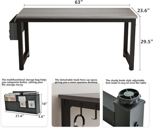 Large Computer Desk - 63 Inch Home Office Desk Study Student Writing Table Gaming Desk Wood Modern Simple Table with Storage Bag & Headphone Hooks, Black in Saudi Arabia
