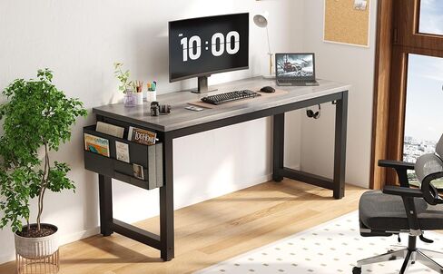 Large Computer Desk - 63 Inch Home Office Desk Study Student Writing Table Gaming Desk Wood Modern Simple Table with Storage Bag & Headphone Hooks, Black in Saudi Arabia