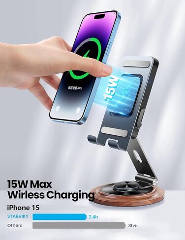 حامل شاحن الهاتف مع ارتفاع قابل للتعديل وزاوية ودوران 360 درجة، حامل هاتف خلوي معدني قابل للطي للمكتب والشحن والتشغيل، متوافق مع Samsung Galaxy S24/S23/S22، iPhone 15/14/13 Pro Max إلخ in Kuwait