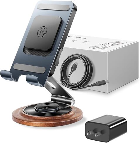 حامل شاحن الهاتف مع ارتفاع قابل للتعديل وزاوية ودوران 360 درجة، حامل هاتف خلوي معدني قابل للطي للمكتب والشحن والتشغيل، متوافق مع Samsung Galaxy S24/S23/S22، iPhone 15/14/13 Pro Max إلخ in Kuwait