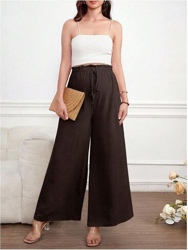 OYOANGLE Women's Maternity Wide Leg Palazzo Pants Drawstring Elastic Waist Loose Fit Flowy Long Pants in Saudi Arabia