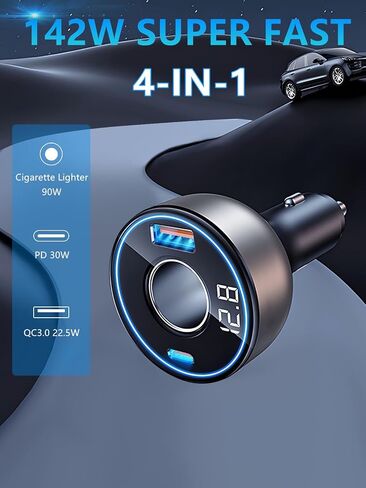 [4 in 1] USB C Car Charger Adapter, 142W [PD30W&QC3.0] 12V/24V Cigarette Lighter Adapter USB Socket Splitter, 2 Port Fast Charging Car USB Charger with LED Voltmeter for iPhone 16/ Samsung S24/iPad in Saudi Arabia