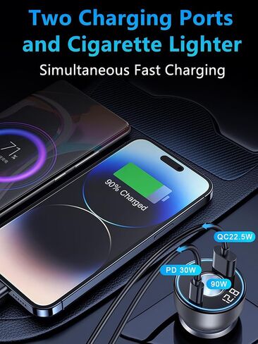 [4 in 1] USB C Car Charger Adapter, 142W [PD30W&QC3.0] 12V/24V Cigarette Lighter Adapter USB Socket Splitter, 2 Port Fast Charging Car USB Charger with LED Voltmeter for iPhone 16/ Samsung S24/iPad in Saudi Arabia