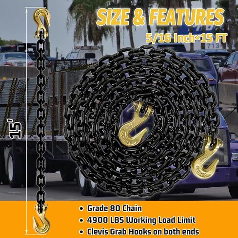 Grade 80 Transport Binder Chain,25FT 3/8" Trailer Safety Chains with Clevis Grab Hooks,7100 Lbs Safe Working Load Heavy Duty Chain for Lifting Loading Tie Down Fixed Cargo Flatbed Truck in Saudi Arabia