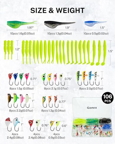مجموعة أدوات صيد الأسماك على الجليد من Gonex مجموعة طُعم صيد الأسماك على الجليد لصيد السمك من أجل جثم بانفيش كرابي الرقص 62 قطعة/106 قطعة in Kuwait