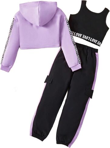 MakeMeChic Girl's 3 Piece Outfits Letter Print Hooded Crop Top and Pocket Jogger Pants Set with Tank in Saudi Arabia