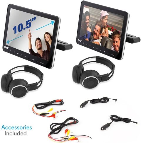 Pyle Universal Car Headrest Mount Monitor - 10.5 Inch Vehicle Multimedia DVD Player - Dual Audio Video Entertainment w/ HDMI, Wide TV LCD Screen, Wireless Headphones & Mounting Bracket - PLHRDVD101KT in Saudi Arabia