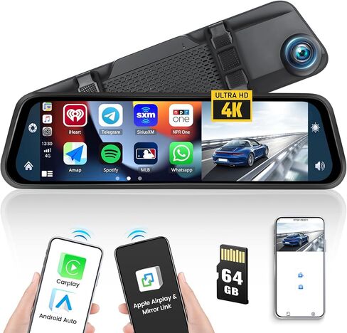 كاميرا قياس 12 بوصة 4K بمرآة رؤية أمامية مع Carplay&Android Auto، مرآة DVR ذكية عالية الدقة تعمل باللمس بالكامل مع Airplay، وصلة مرآة، FM، تسجيل حلقة، مستشعر G، فيديو WiFi، رؤية ليلية، شاشة وقوف السيارات + بطاقة 64 جيجابايت in Saudi Arabia